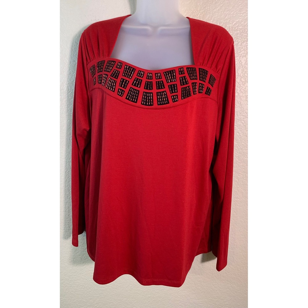 Bob Mackie Womens 1X Top Red Long Sleeve Beaded Square Neck Wearable Art NEW